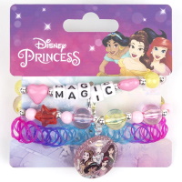Lot de 3 bracelets élastiques fantaisie pour enfants sur le thème des Princesses Disney composé d'un bracelet de perles rondes et en forme d'étoile et d'un pendant représentant les princesses Disney, d'un bracelet de perles rondes et en forme de cœur et des perles cubiques composant le mot Magic, ainsi qu'un bracelet emmêlé en silicone. 