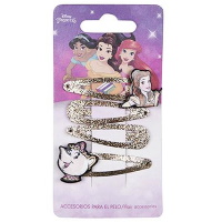 Lot de 4 clic-clacs pour cheveux pour enfant en métal pailleté avec les personnages et symboles Princesses Disney (La Belle).