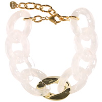 Bracelet composé de grosse mailles en plastique de couleur blanche et dorée. Fermoir mousqueton en acier doré avec 4 cm de rallonge.