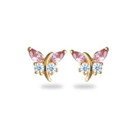 Boucles d'oreilles puces en forme de papillon en plaqué or jaune 18 carats serties d'oxydes de zirconium roses et d'oxydes de zirconium blancs.