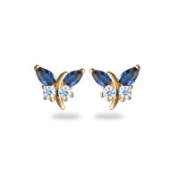 Boucles d'oreilles puces en forme de papillon en plaqué or jaune 18 carats serties d'oxydes de zirconium blanc et de pierres d'imitation saphir.
