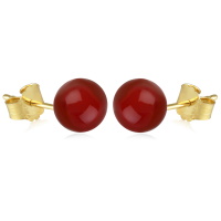 Boucles d'oreilles puces en plaqué or jaune 18 carats surmontées d'une perle en véritable pierre d'agate rouge.