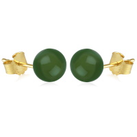 Boucles d'oreilles puces en plaqué or jaune 18 carats surmontées d'une perle en véritable pierre d'agate verte.