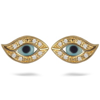 Boucles d'oreilles œil de Turquie en plaqué or jaune 18 carats aux contours pavés d'oxydes de zirconium blancs et pupille en verre de couleur.