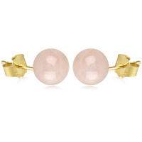 Boucles d'oreilles puces en plaqué or jaune 18 carats surmontées d'une perle en véritable pierre de quartz rose.