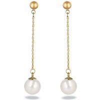 Boucles d'oreilles pendantes en plaqué or jaune 18 carats avec deux perles synthétiques de couleur blanche.