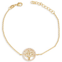 Bracelet composé d'une chaîne en plaqué or jaune 18 carats avec symbole d'arbre de vie dans un cercle pavé d'oxydes de zirconium blancs. Fermoir mousqueton avec anneaux de rappel à 16, 17 et 18 cm.