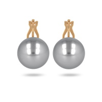 Boucles d'oreilles pendantes fermoir clip en plaqué or jaune 18 carats surmontées d'une perle de Majorque d'imitation de couleur grise.