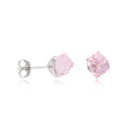 Boucles d'oreilles puces en argent 925/000 rhodié surmontées d'un cube en cristal rose.