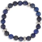 Bracelet boules élastique en acier argenté et perles en lapis lazuli.