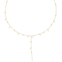 Collier de forme Y composé d'une chaîne avec boules en acier doré et de pampilles en perles synthétiques. Fermoir mousqueton avec 5 cm de rallonge.