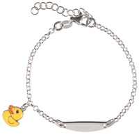 Bracelet gourmette pour enfant en argent 925/000 avec un pendant canard pavé d'émail de couleur. Fermoir mousqueton avec 3 cm de rallonge.