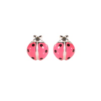 Boucles d'oreilles puces en forme de coccinelle en argent 925/000 et émail de couleur rose et noir.